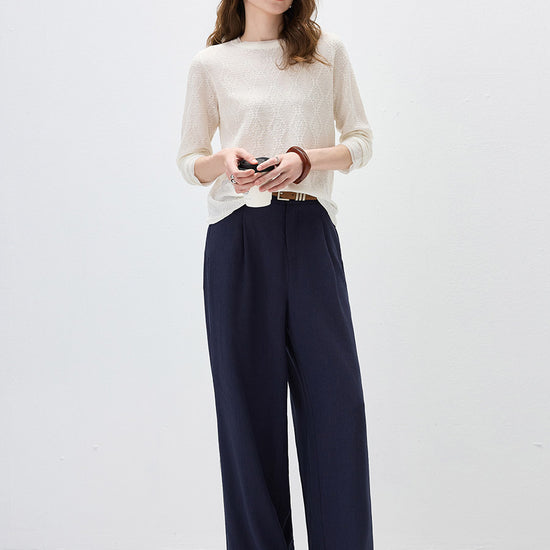 COMOBOCA Women's Textured Sheer Knit Round Neck Sweater