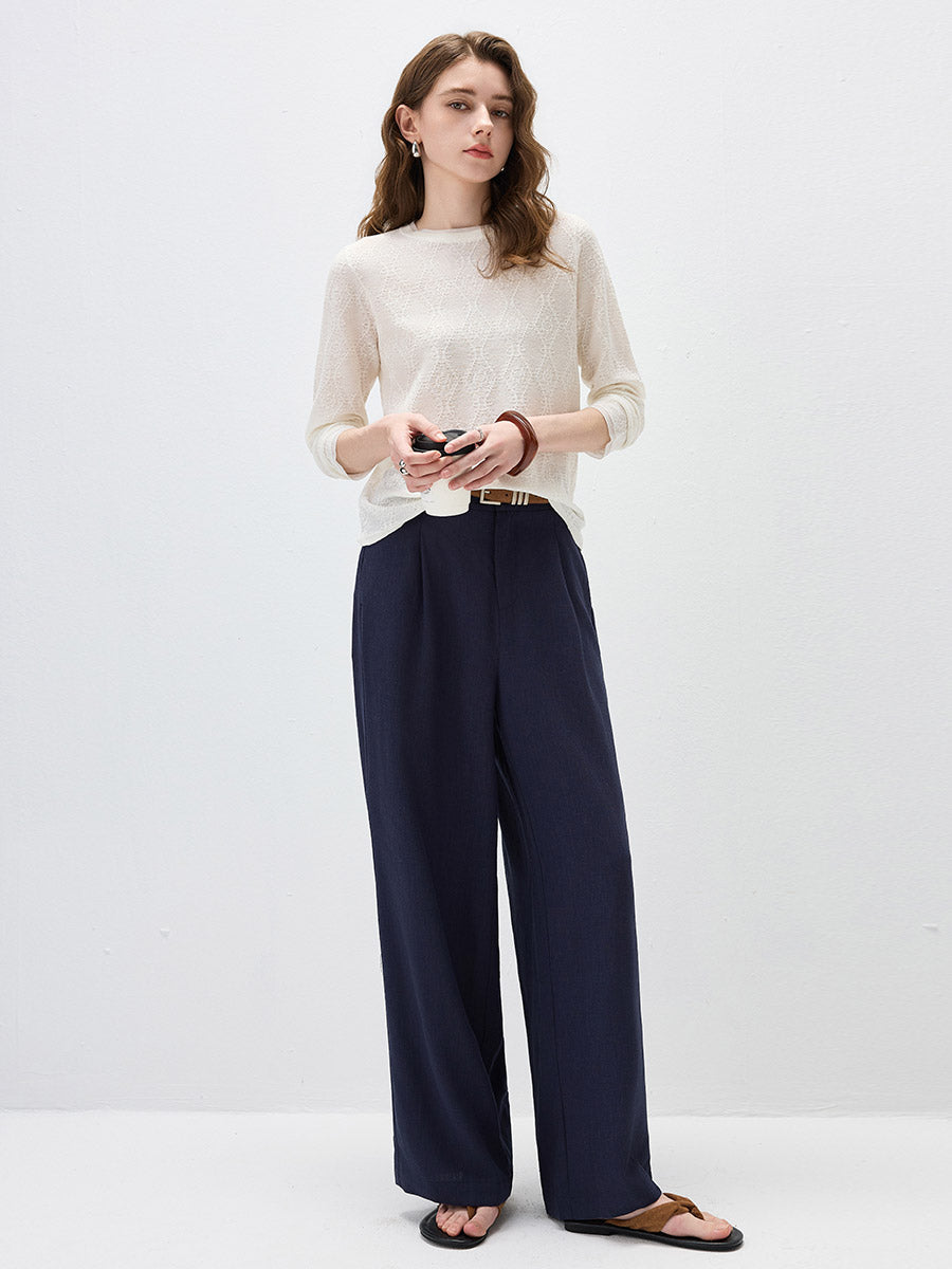 COMOBOCA Women's Textured Sheer Knit Round Neck Sweater