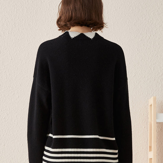 COMOBOCA 100% Cashmere Women's Contrast Jacquard Mock Neck Sweater