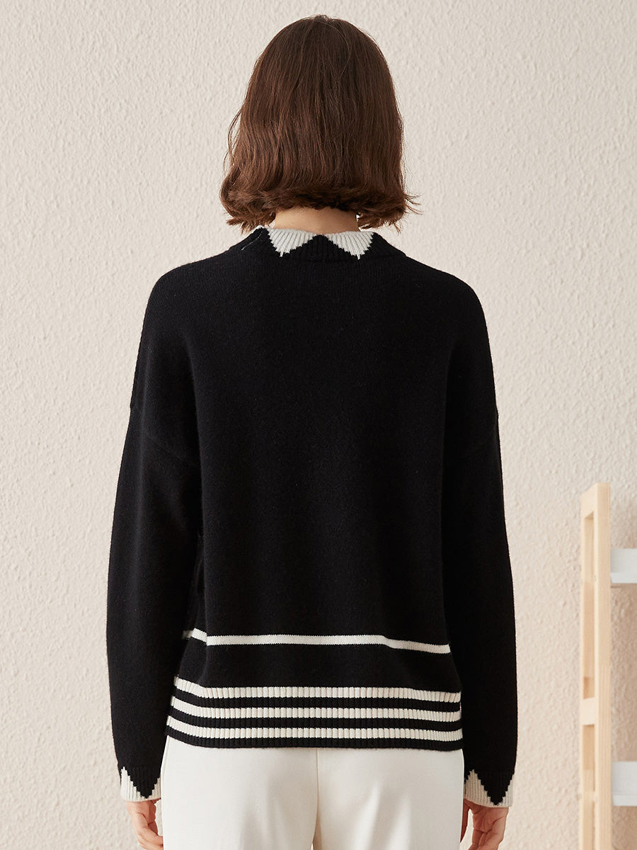 COMOBOCA 100% Cashmere Women's Contrast Jacquard Mock Neck Sweater