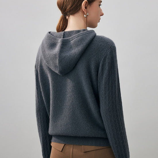 COMOBOCA 100% Cashmere Women's Ribbed Knit Hoodie