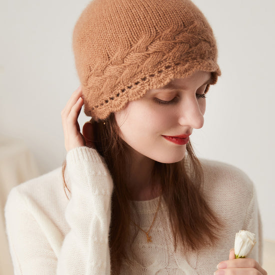COMOBOCA 100% Cashmere Women's Crochet Trim Cable Knit Beanie