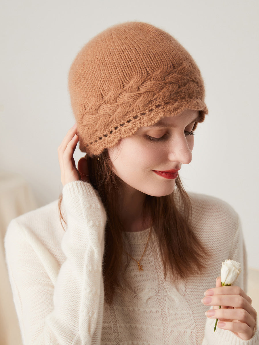 COMOBOCA 100% Cashmere Women's Crochet Trim Cable Knit Beanie