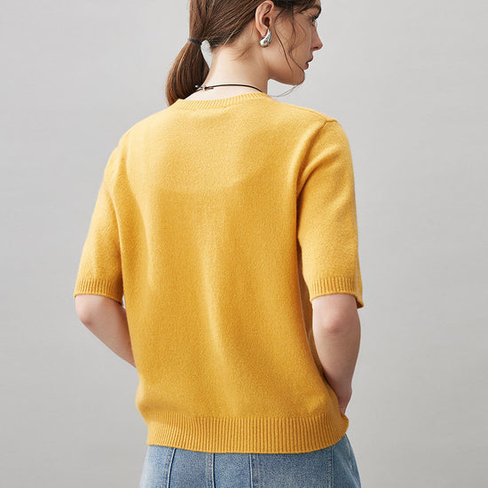 COMOBOCA 100% Cashmere Women's Embroidered Logo Short Sleeve Sweater