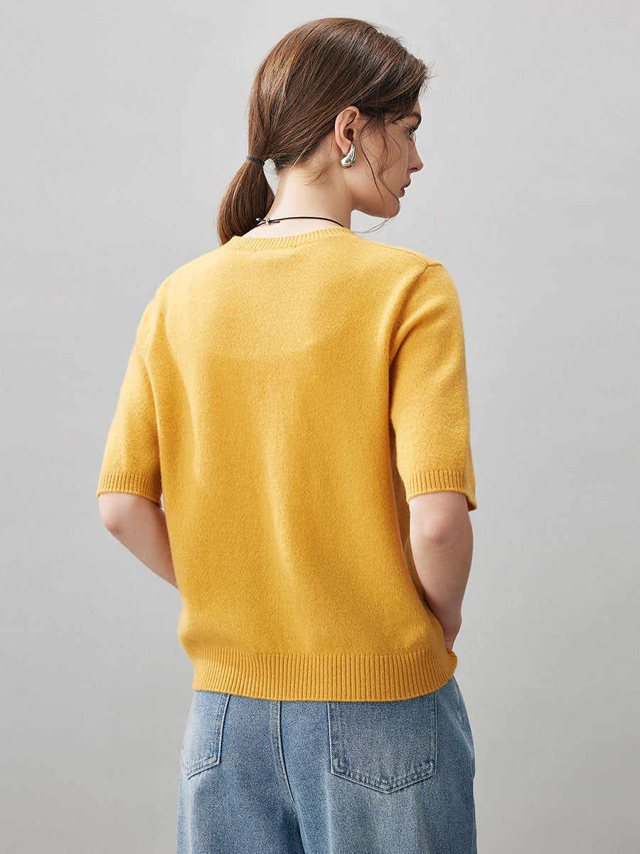 COMOBOCA 100% Cashmere Women's Embroidered Logo Short Sleeve Sweater