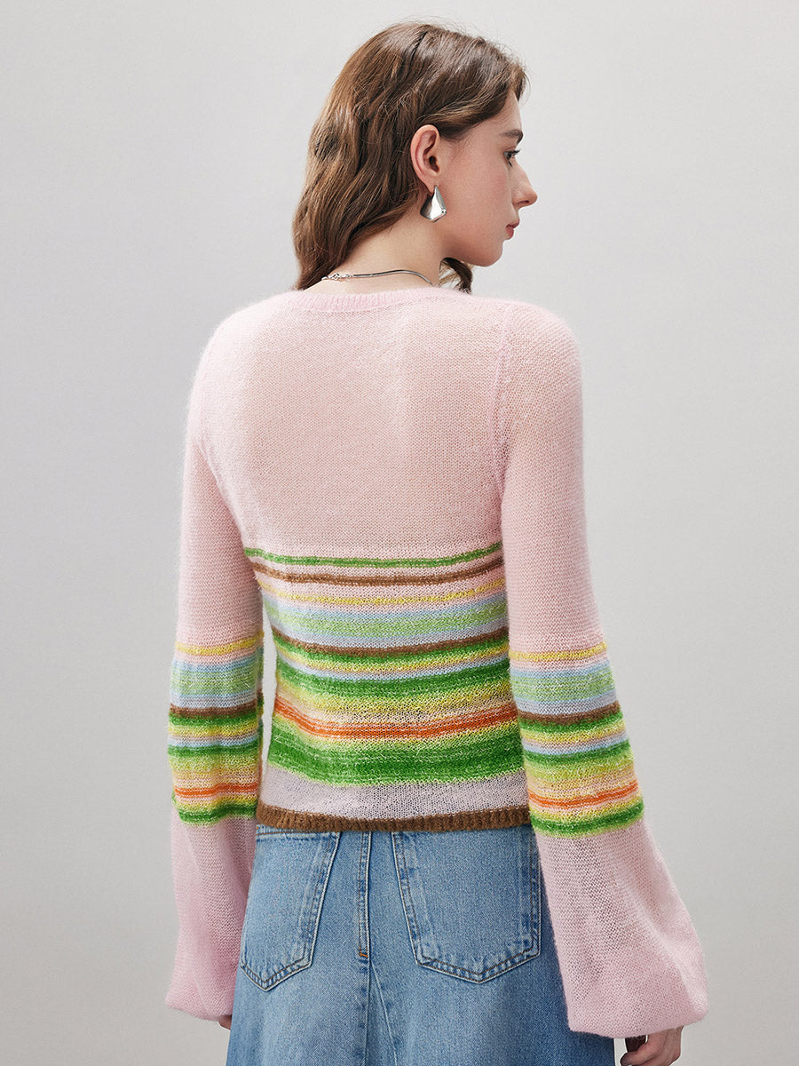 COMOBOCA Women's Rainbow Striped Flared Sleeve Sweater