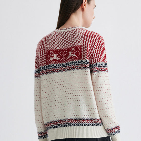 COMOBOCA 100% Cashmere Women's Fair Isle Reindeer Sweater