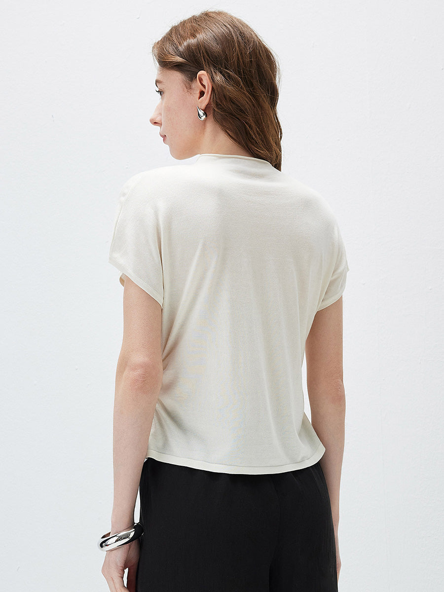 COMOBOCA Women's Side Ruched Mock Neck Knit T-Shirt