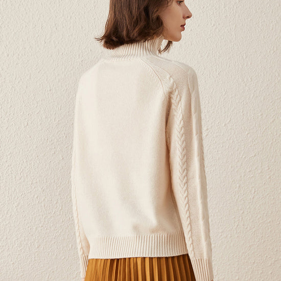 COMOBOCA 100% Cashmere Women's Turtleneck Cable Knit Sweater