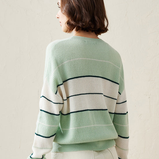 COMOBOCA 100% Cashmere Women's Striped Crewneck Sweater