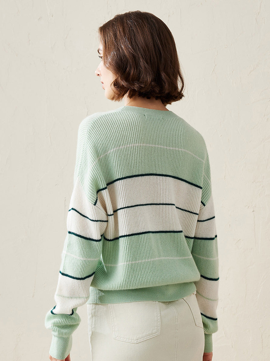 COMOBOCA 100% Cashmere Women's Striped Crewneck Sweater