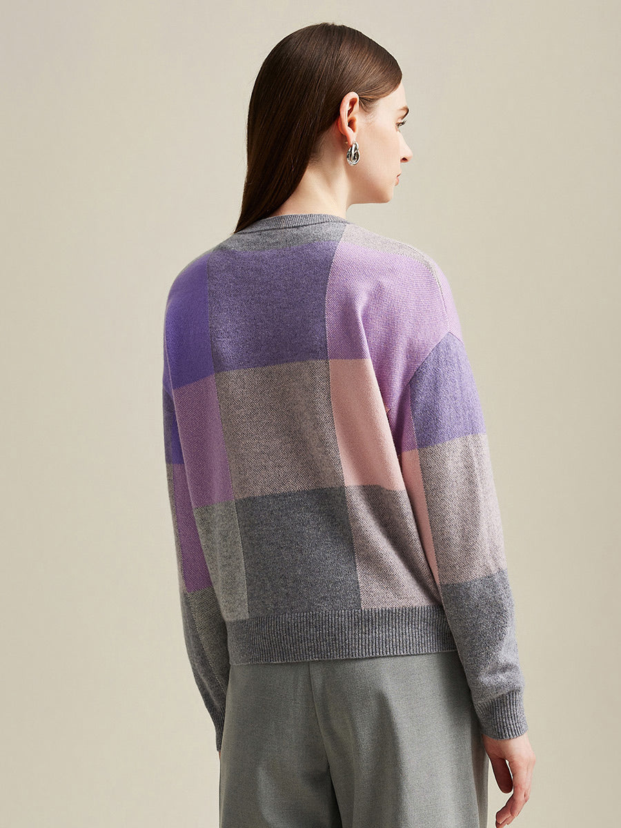 COMOBOCA 100% Cashmere Women's Color Block Plaid Sweater