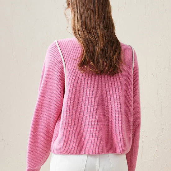 COMOBOCA 100% Wool Women's Color Block Ribbed Knit Sweater