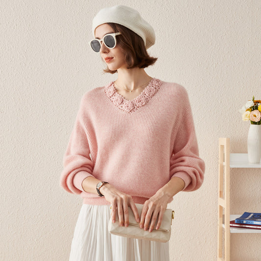 COMOBOCA PINK 100% cashmere V Neck Crochet Knit Sweater