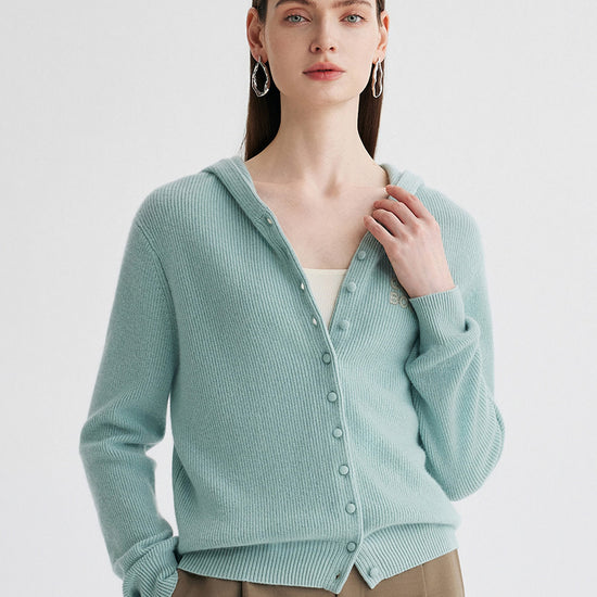 COMOBOCA Light Green 100% Cashmere Women's Button Up Knit Hoodie