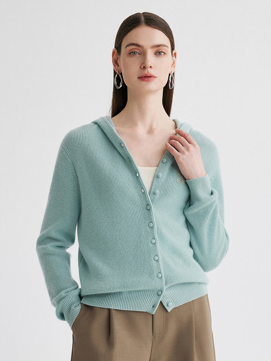 COMOBOCA Light Green 100% Cashmere Women's Button Up Knit Hoodie