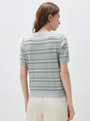 Women's Silk-Cotton Jacquard Stripe Knit Crew Neck Short Sleeve T-Shirt
