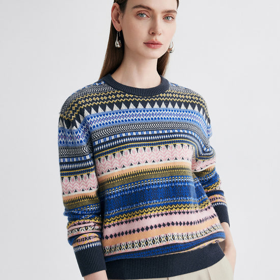 COMOBOCA 100% Cashmere Women's Fair Isle Round Neck Sweater
