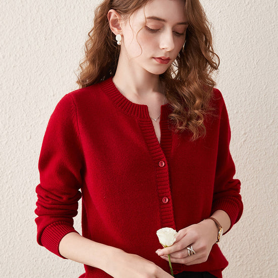 COMOBOCA RED 100% Wool Women's Cardigan Sweater