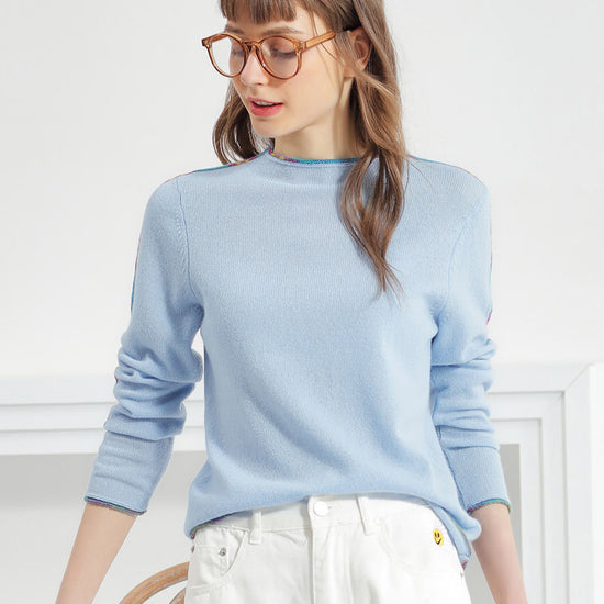 COMOBOCA LIGHT BLUE 100% Cashmere Women's Sweater with Built-in Collar