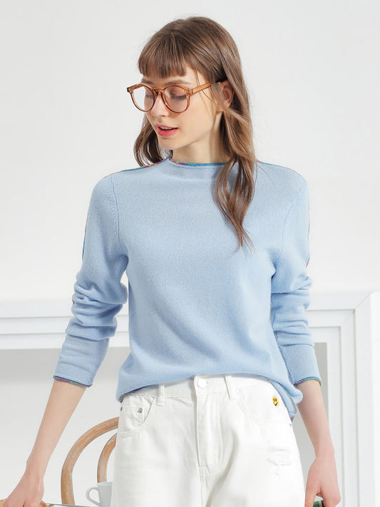 COMOBOCA LIGHT BLUE 100% Cashmere Women's Sweater with Built-in Collar
