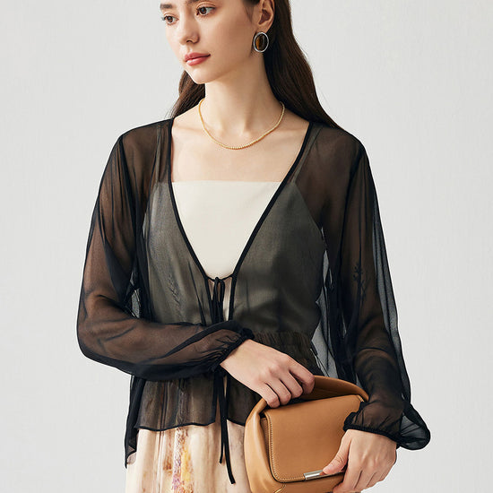 COMOBOCA 100% Mulberry Silk Women's Tie-Front Blouse