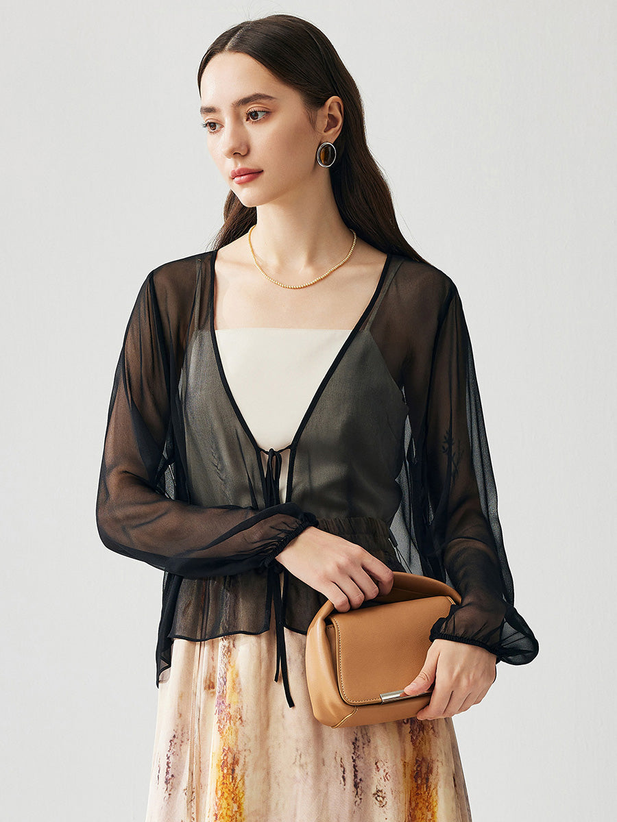 COMOBOCA 100% Mulberry Silk Women's Tie-Front Blouse