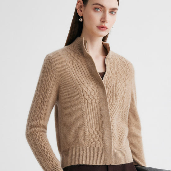 COMOBOCA 100% Cashmere Women's Cable Knit Mock Neck Zip Up Cardigan