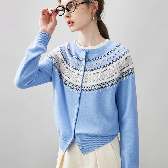 COMOBOCA 100% Cashmere Women's Fair Isle Cardigan Sweater