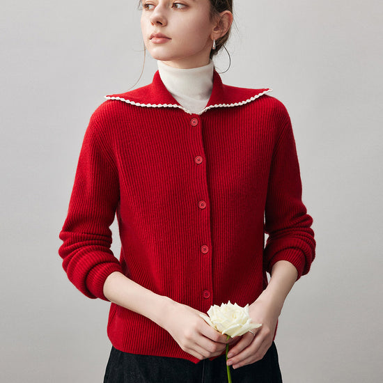 COMOBOCA 100% Cashmere Women's Contrast Trimmed Collared Knit Cardigan