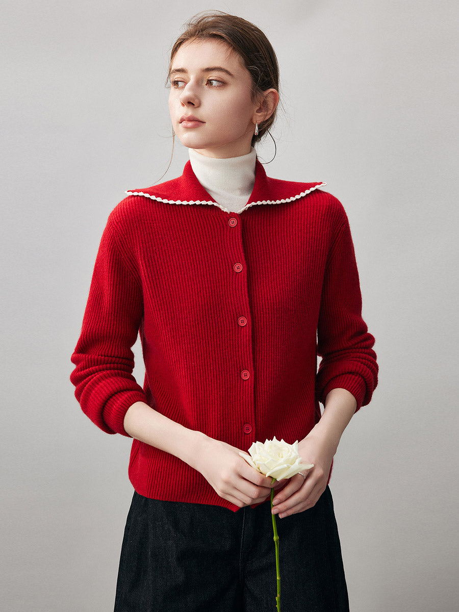 COMOBOCA 100% Cashmere Women's Contrast Trimmed Collared Knit Cardigan