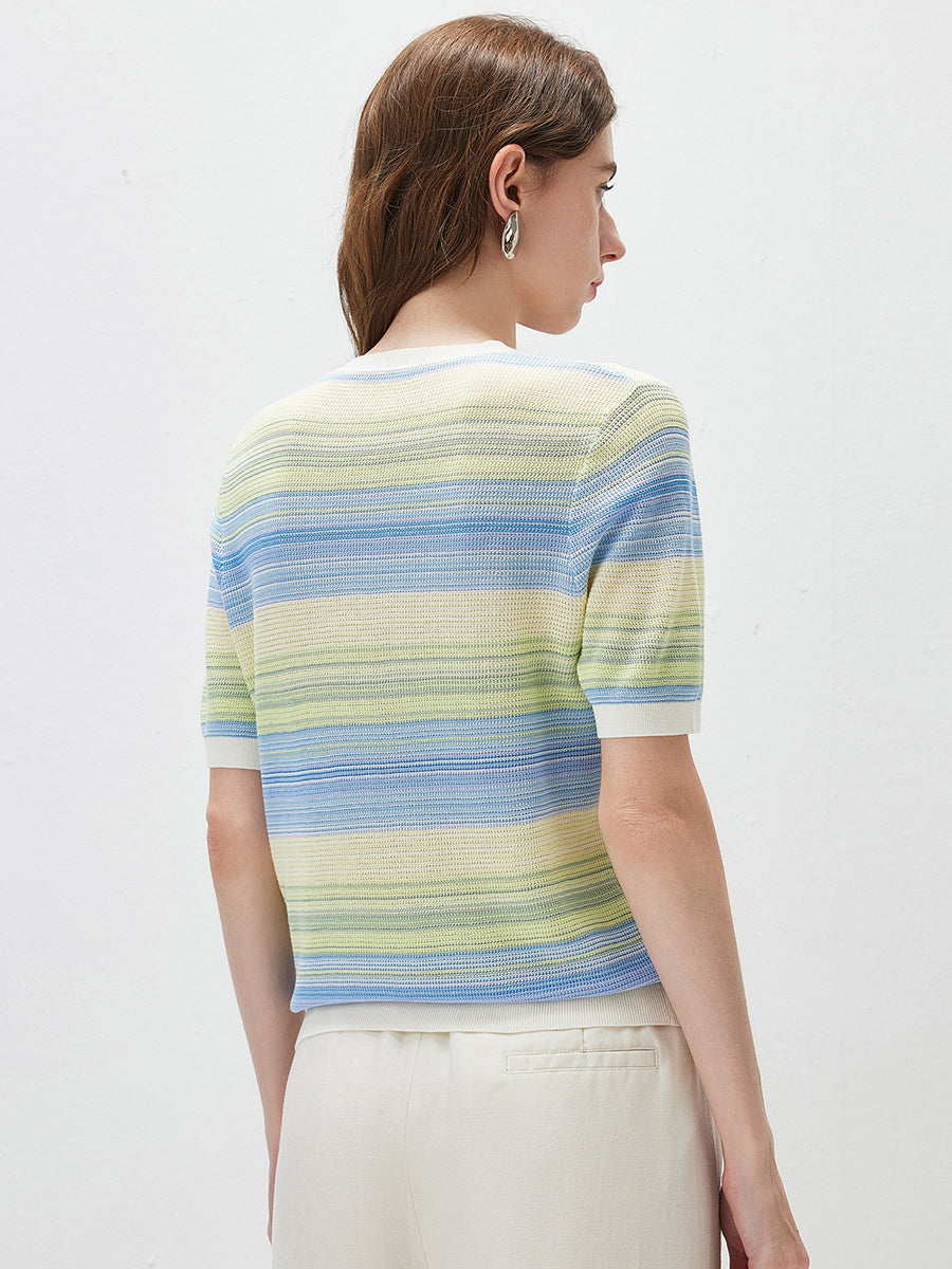 COMOBOCA Women's Gradient Stripe Openwork Knit T-Shirt