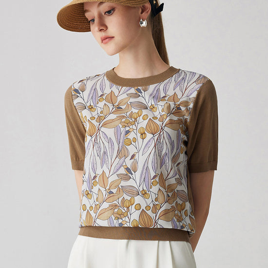 COMOBOCA Bronze Women's Cotton Silk Floral Ribbed Print Knit T-Shirt