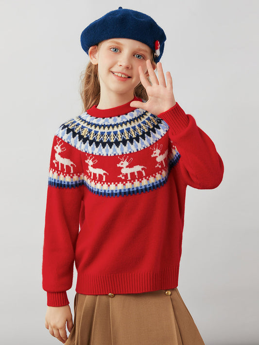COMOBOCA Red 100% Wool Kids' Fair Isle Reindeer Round Neck Sweater