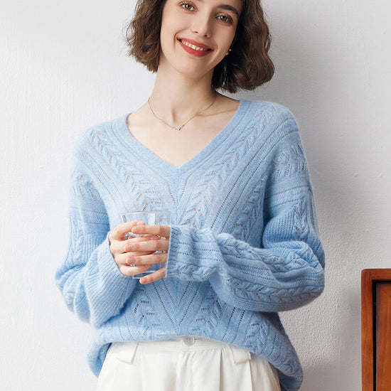 COMOBOCA BLUE 100% Cashmere Women's V-Neck Drop Shoulder Sweater