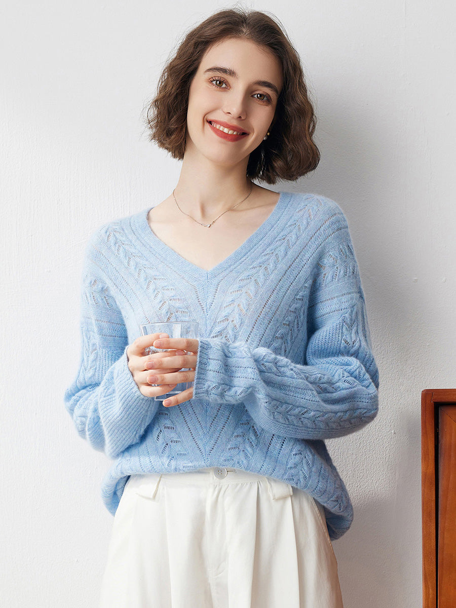 COMOBOCA BLUE 100% Cashmere Women's V-Neck Drop Shoulder Sweater