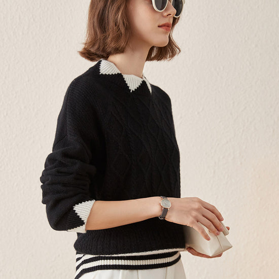 COMOBOCA 100% Cashmere Women's Contrast Jacquard Mock Neck Sweater