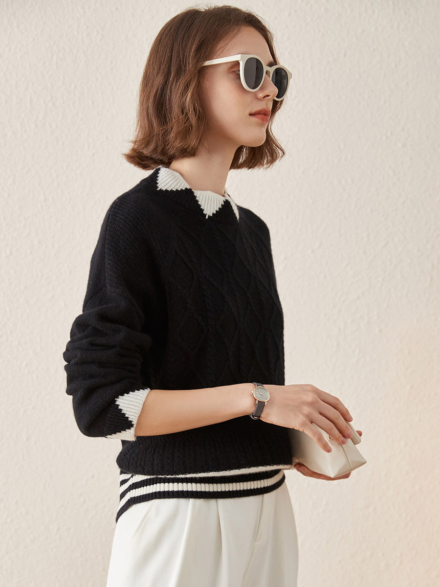 COMOBOCA 100% Cashmere Women's Contrast Jacquard Mock Neck Sweater