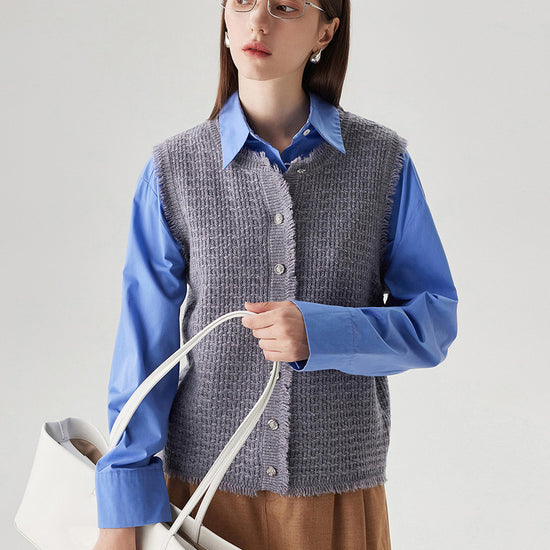 COMOBOCA 100% Wool Women's Button Down Frayed Hem Knit Vest