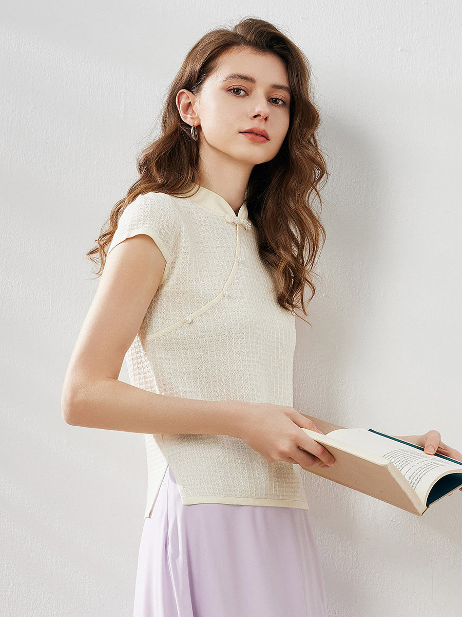 COMOBOCA Women's Textured Pearl Accents Blouse