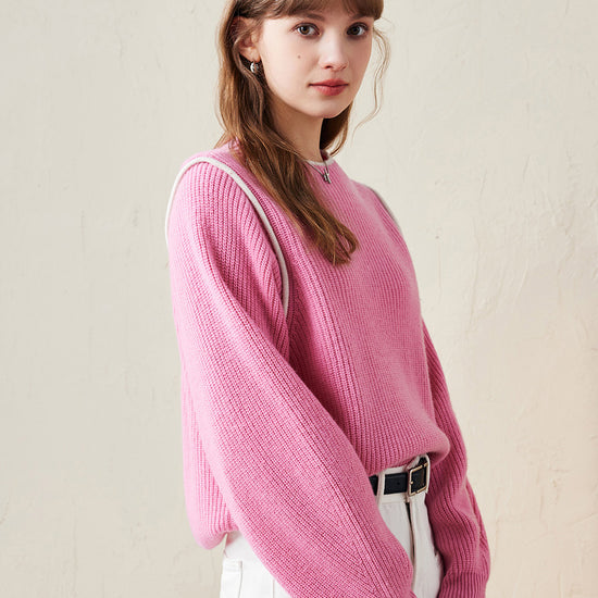 COMOBOCA 100% Wool Women's Color Block Ribbed Knit Sweater