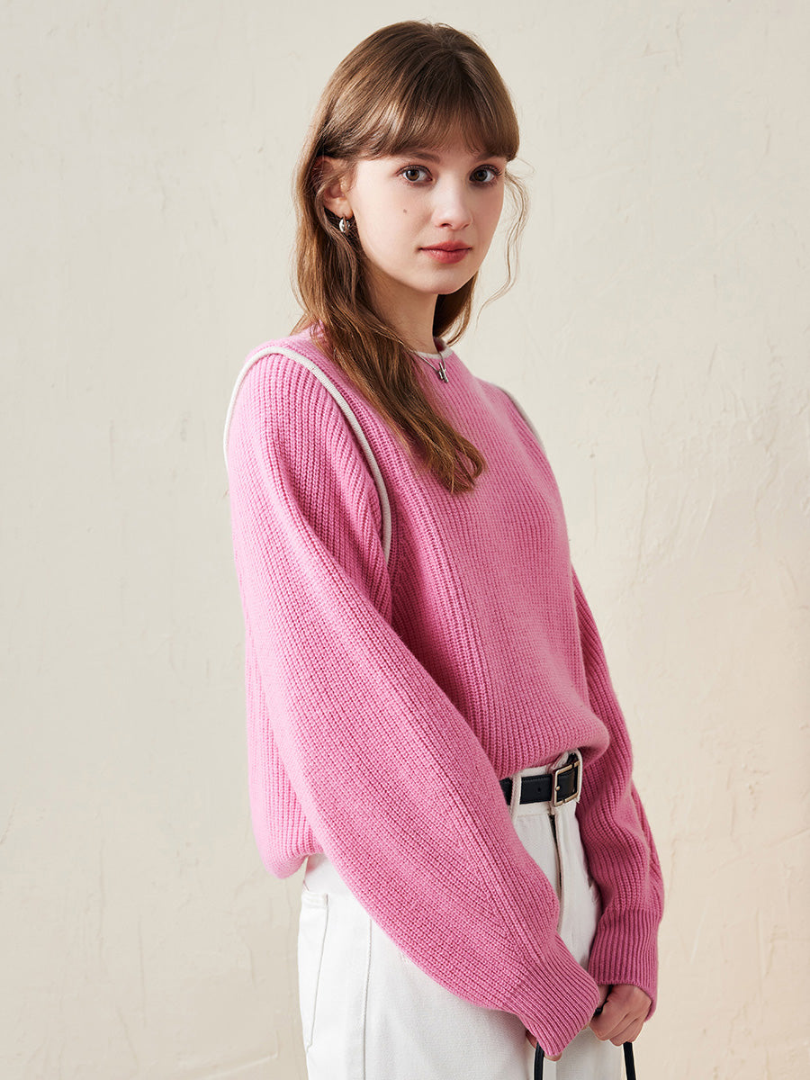 COMOBOCA 100% Wool Women's Color Block Ribbed Knit Sweater