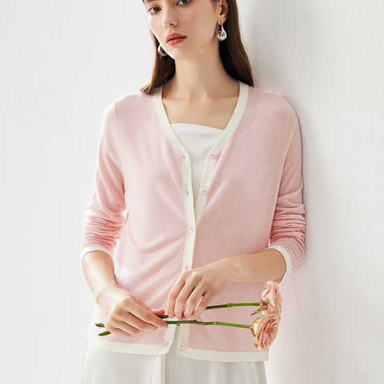 COMOBOCA Pink Women's Ribbed V-neck Cardigan with White Trim