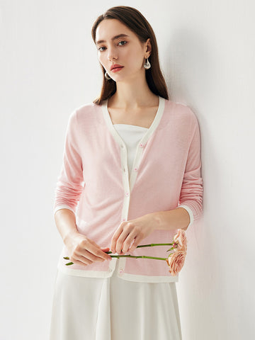 COMOBOCA Pink Women's Ribbed V-neck Cardigan with White Trim