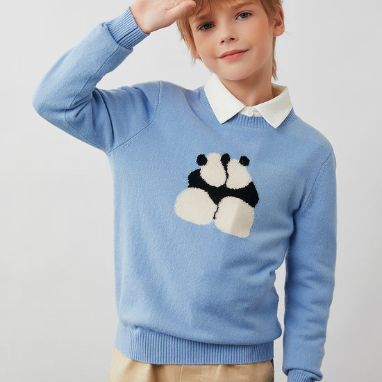 COMOBOCA Light Blue 100% Wool Kids' Panda Pattern Round Neck Sweater