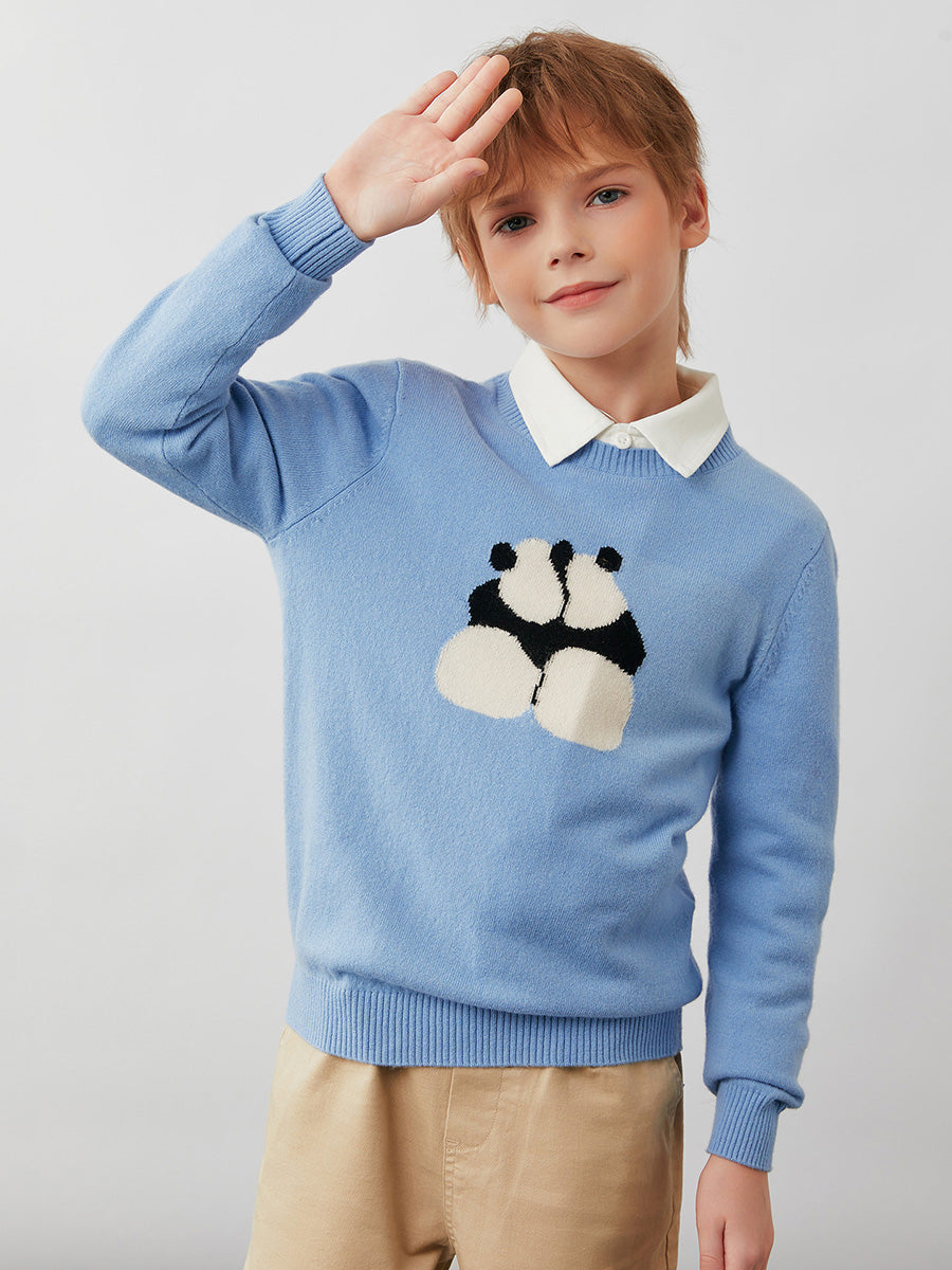 COMOBOCA Light Blue 100% Wool Kids' Panda Pattern Round Neck Sweater