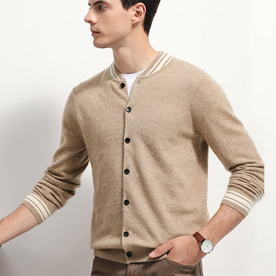 COMOBOCA Beige 100% Cashmere Men's Striped Collar Button Cardigan