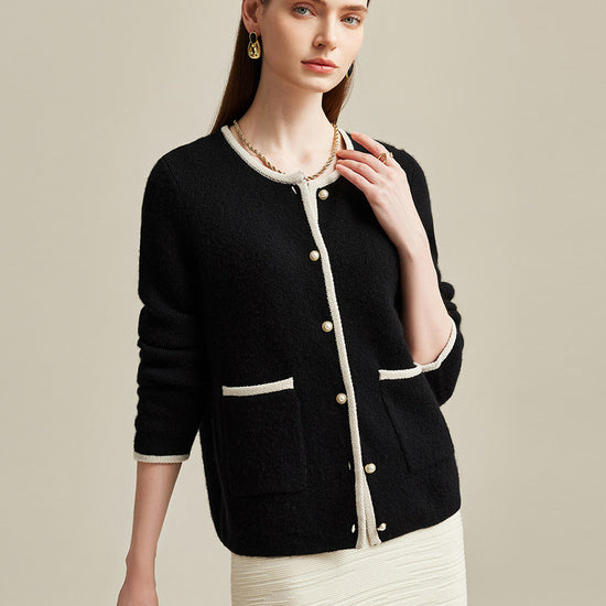 COMOBOCA Black 100% Cashmere Women's Two-Tone Buttoned Cardigan