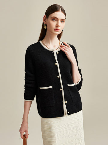 COMOBOCA Black 100% Cashmere Women's Two-Tone Buttoned Cardigan