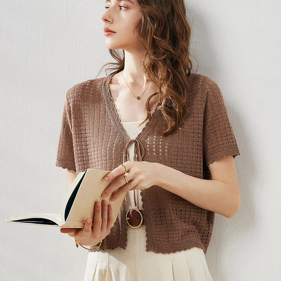 COMOBOCA Women's Linen Crochet Tie Short Sleeve Cardigan
